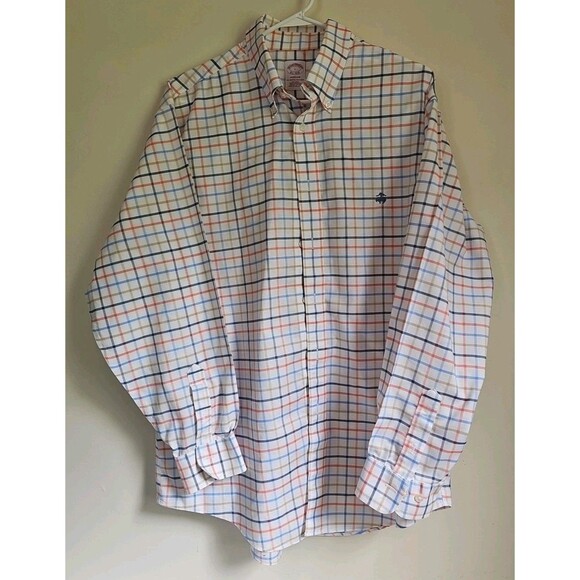 Brooks Brothers Madison Shirt Mens Large Dress Shirt Blue White Orange Checked - Picture 1 of 6